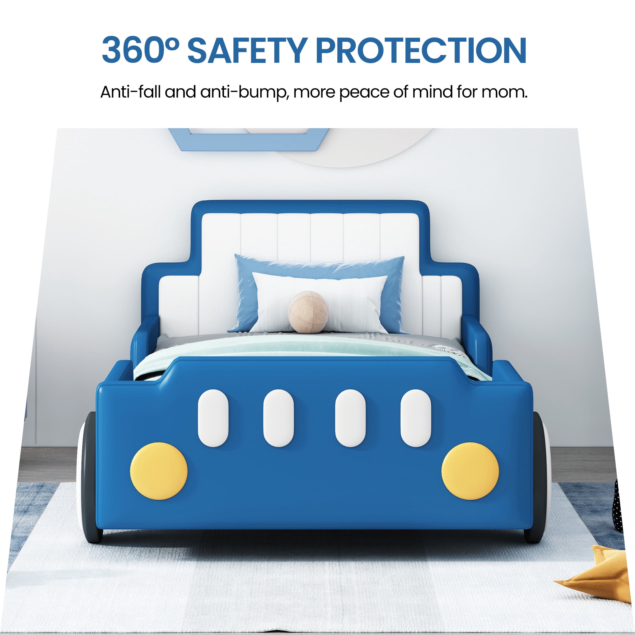 Aukfa Twin Size Race Car Platform Bed with Wheels, Kids Car Bed Frame with PU Leather Headboard and Footboard for Boys/Girls, Blue