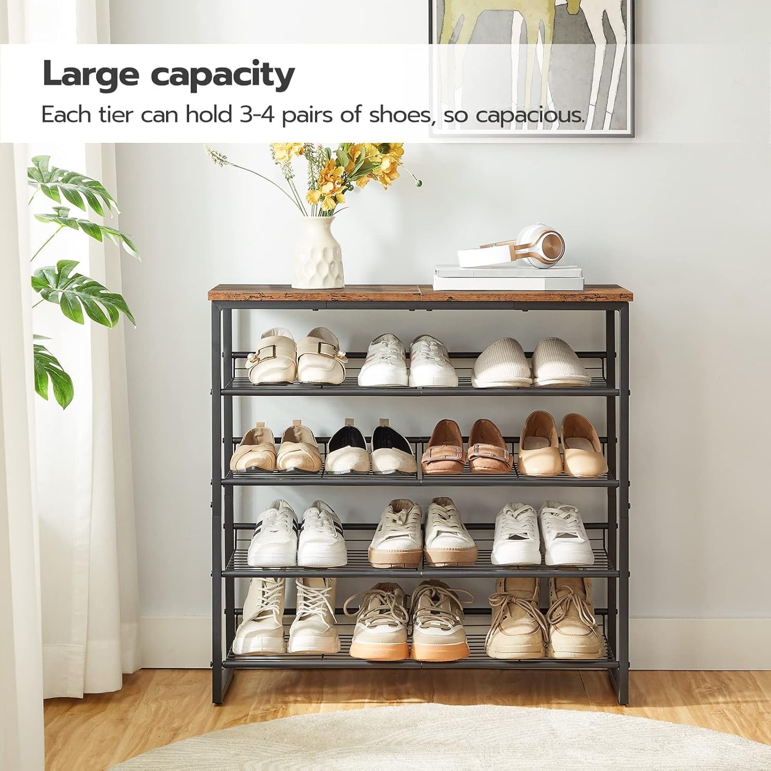 HOOBRO 5 Tier Shoe Rack Shoe Organizer Adjustable Shelves Flat or Slanted Holds 16-20 Pairs Entryway Closet Rustic Brown and Black BF08XJ01