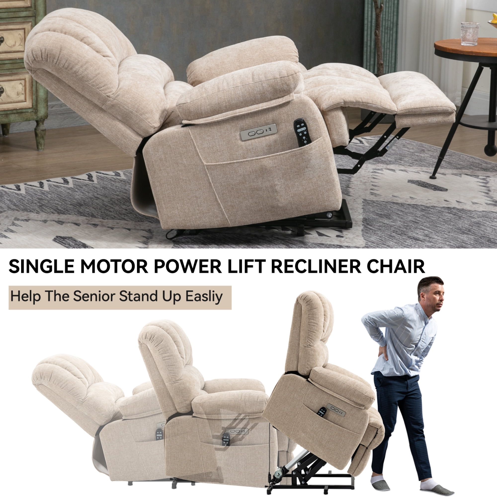 Leumius Power Lift Recliner Chair for Elderly with Vibration Massage and Lumbar Heating,23.5" Extra Wide Single Sofa with High Back,Side Pocket,USB Charge Port for Living Room,Beige