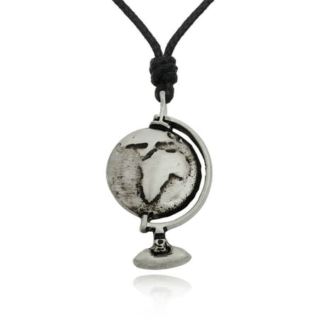 Globe Charm - Globe Earth With Stand Silver Pewter Charm Necklace Pendant Jewelry With Cotton Cord