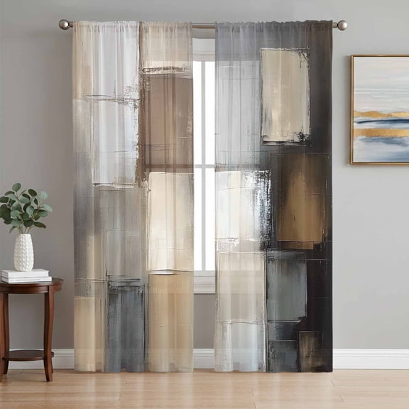 Gray Brown Sheer Curtains 63 Inch Length 2 Panels Set, Abstract Oil Painting Color Blocks Voile Window Treatment Rod Pocket Curtains Sheers Drapes for Bedroom/Living Room/Kitchen 52x"63"x2