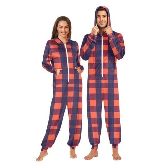 joogoo Orange Checkered Unisex Adults Onesies Pajamas Jumpsuits L