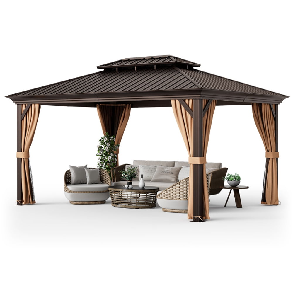Aimee Lii 12' x 16' Double-Roof Hardtop Gazebo with Galvanized Steel Roof, Canopy Gazebo for Party BBQ Events, Coffee Aimee Lii 12' x 16' Double-Roof Hardtop Gazebo with Galvanized Steel Roof, Canopy Gazebo for Party BBQ Events, Coffee