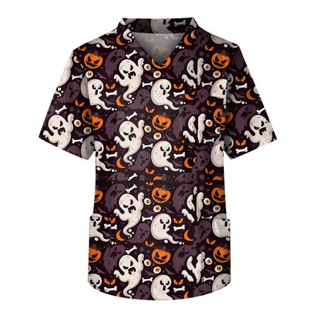 

Umitay Plus Size Scrubs Men s Short Sleeve V Neck Halloween Print Chest Pocket Carer Top