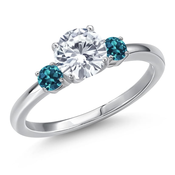 Gem Stone King 14K White Gold Moissanite and London Blue Topaz Engagement Ring for Women | 1.26 Cttw | Round 6.5MM | Gemstone Birthstone | Size 6