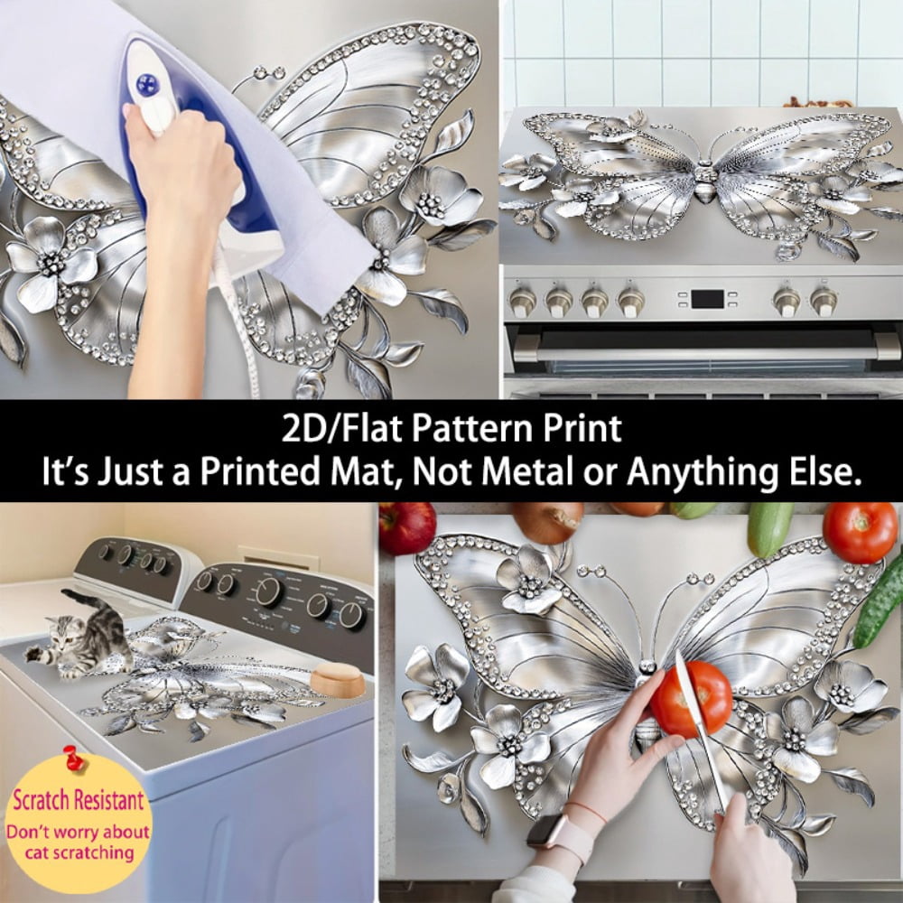 1 2D/flat stove cover protection pad, embossed diamond-encrusted butterfly flower pattern design, 28.3x20.5 inches (72×52cm), easy to clean, perfectly suitable for any kitchen, washing machine, dryer