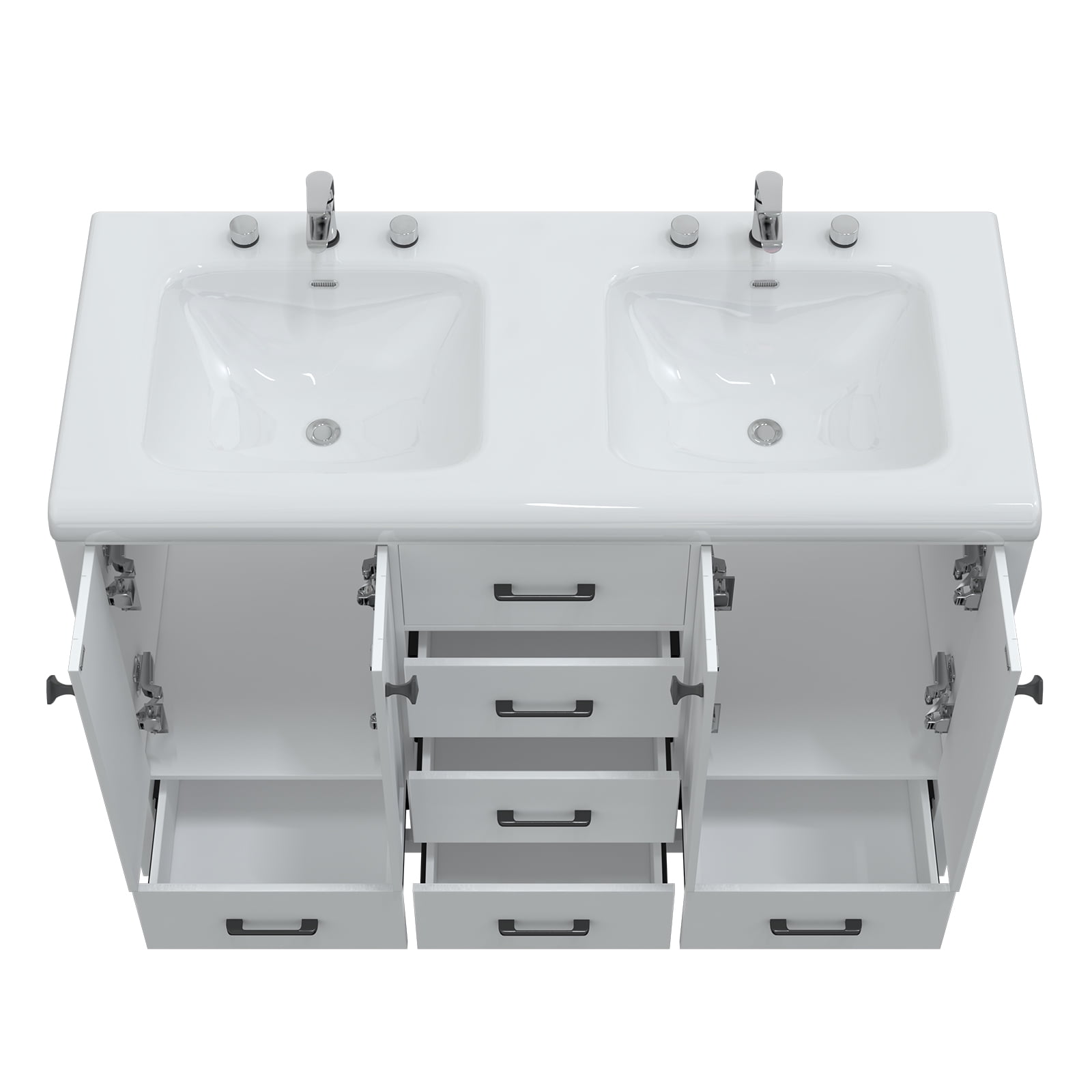 Jarbalai 47" Freestanding Bathroom Vanity with Double Ceramic Basin and 5 Drawers and 2 Cabinets, White