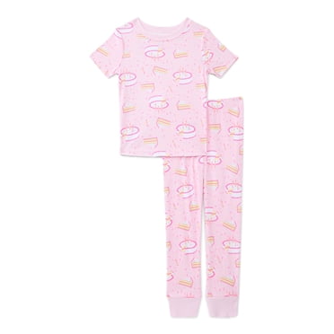 Wonder Nation Girls' Cotton Short Sleeve Top and Pants Tight Fit Birthday Pajamas Set, 2-Piece, Sizes 4-10