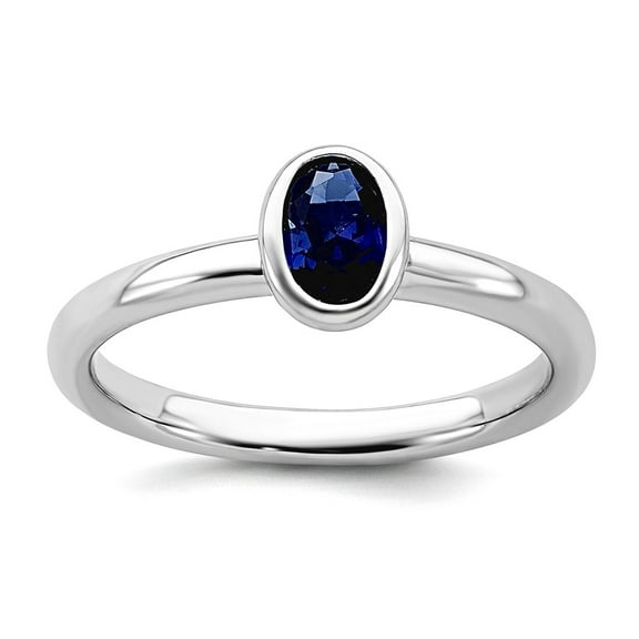 925 Sterling Silver Bezel Polished Stackable Oval Created Sapphire Ring Size 6 Stackable Ring for Women
