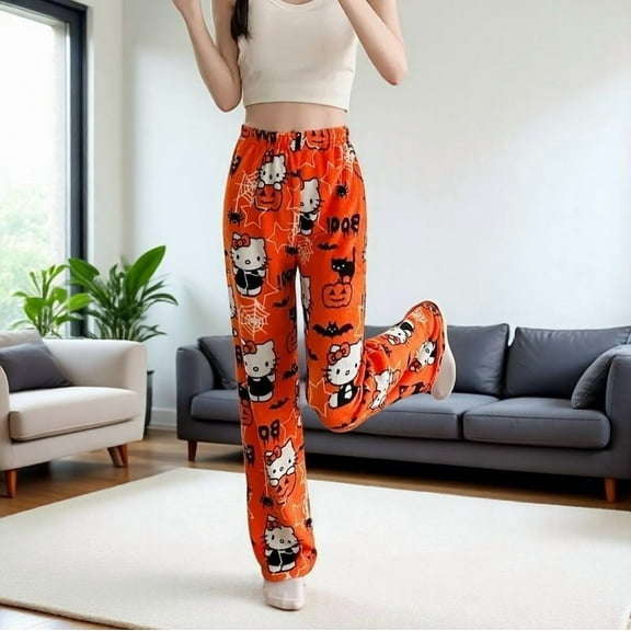 Halloween Flannel pajama pants for women's autumn and winter new thickened and fleece warm casual home pants, walking pants