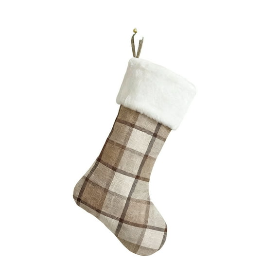 Beige Plaid Christmas Stocking, Festive Holiday Sock For Fireplace, Tree, Gift, Durable & Handmade