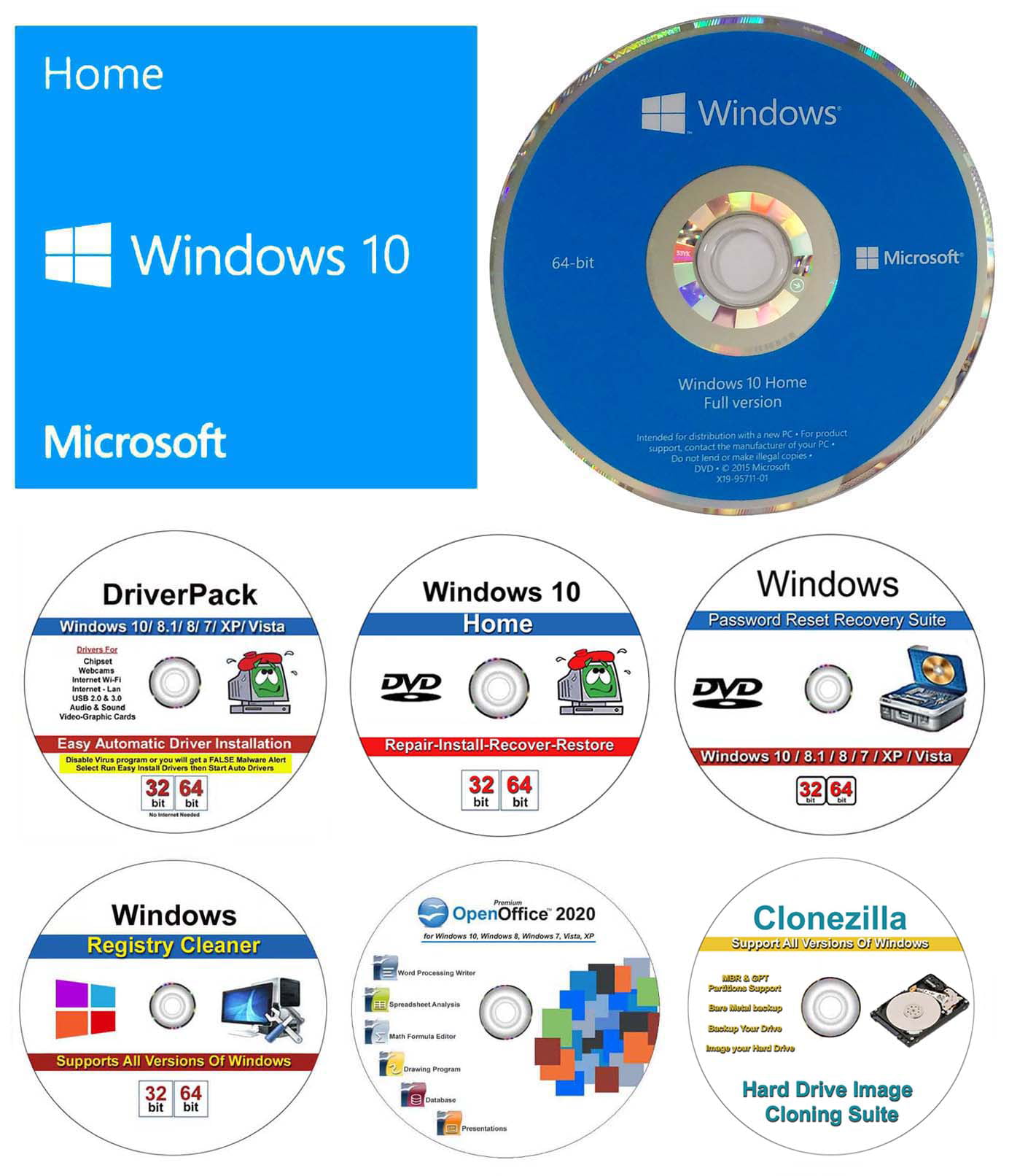 7-1 Bundle Microsoft OEM Windows 10 Home 64 bit & Windows 10 Home Install Repair restore & Recover DVD, Open Office 2020, Password Recovery, Registry Cleaner, Drivers Pack and Clonezilla Software
