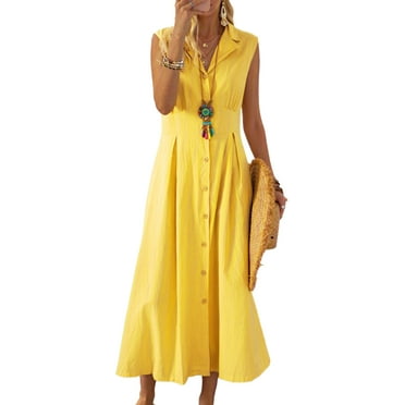TheFound Summer Dresses for Women Loose Cotton Turn-Down Top Shirt Dress Ladies Knee Midi Sundress Maxi Dresses