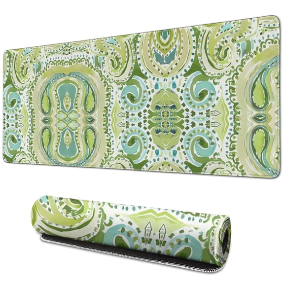 Long Mouse Pads for Desk,Green Ethnic Paisley Pattern Desk Mats on Top Of Desks, Desk Mouse Pad Extra Large with 3mm Non-Slip Base and Stitched Edge for Gaming,Office,Work,Home 31.5"x11.8"
