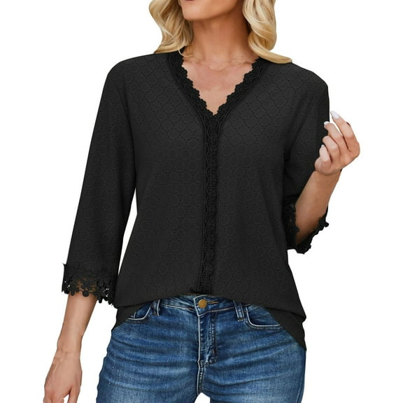 HAPIMO Women's Trendy Loose Lace Tops Dressy Tunic Summer Tees Elegant Casual Relaxed Blouses 3/4 Sleeve for Teen Girls V Neck Pullover Solid Color Black XL