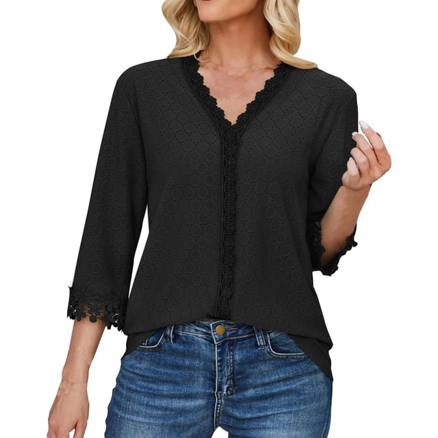 Timegard Hauts pour Femmes Été Dentelle Col en V Blouse à Œillets Manches 3/4 Décontractée Ample Tenue de Plage