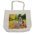 thumbnail image 1 of English Bulldog Shopping Bag, Dog in the Park with a Laptop and Rainbow Colored Scarf Funny Photography, Eco-Friendly Reusable Bag for Groceries Beach and More, 15.5" X 14.5", Cream, by Ambesonne, 1 of 2