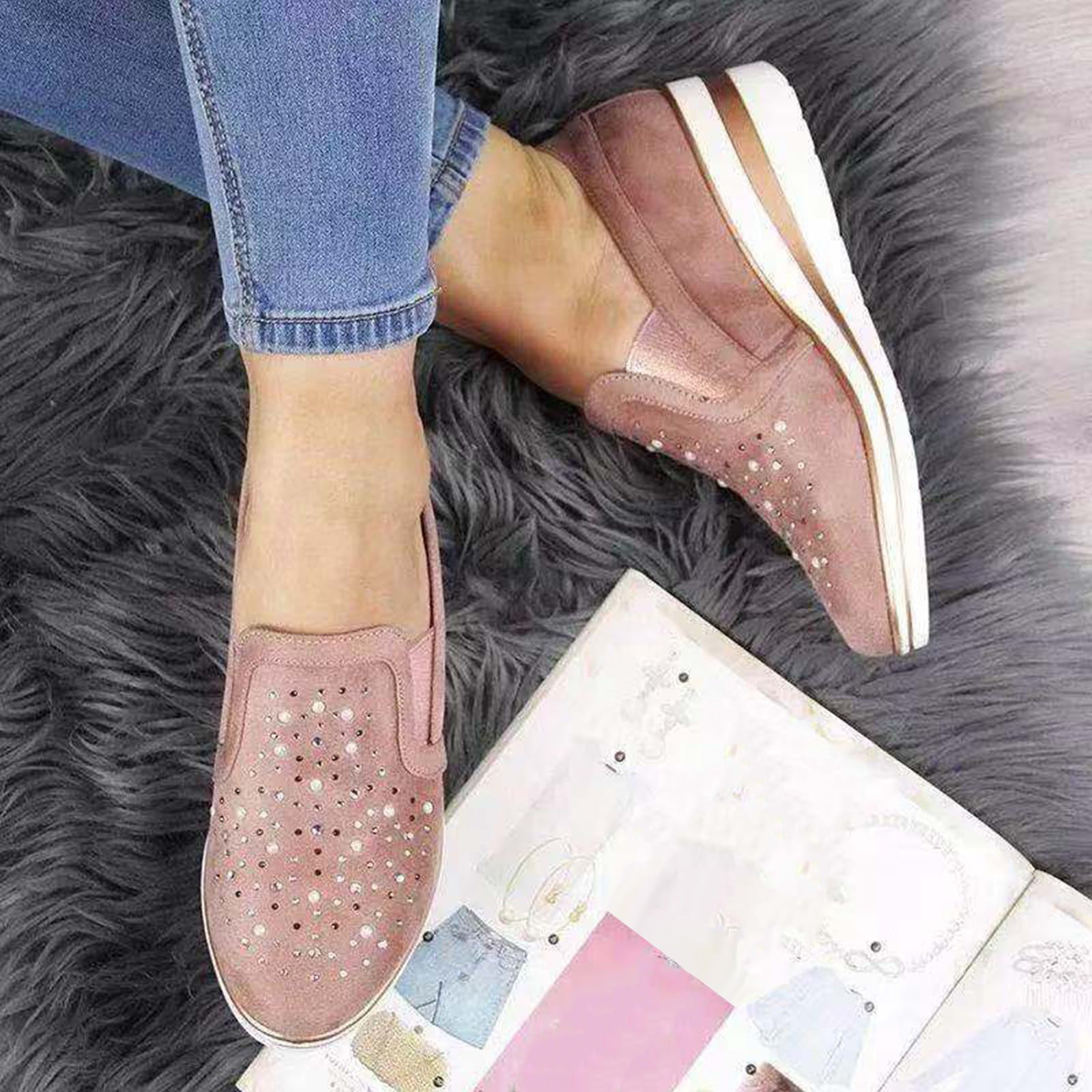 Feversole Women's Fashion Dress Sneakers Party Bling Casual Flats Embellished Shoes Rose Gold Plimsolls Glitter Lace Us6.5/Eu37