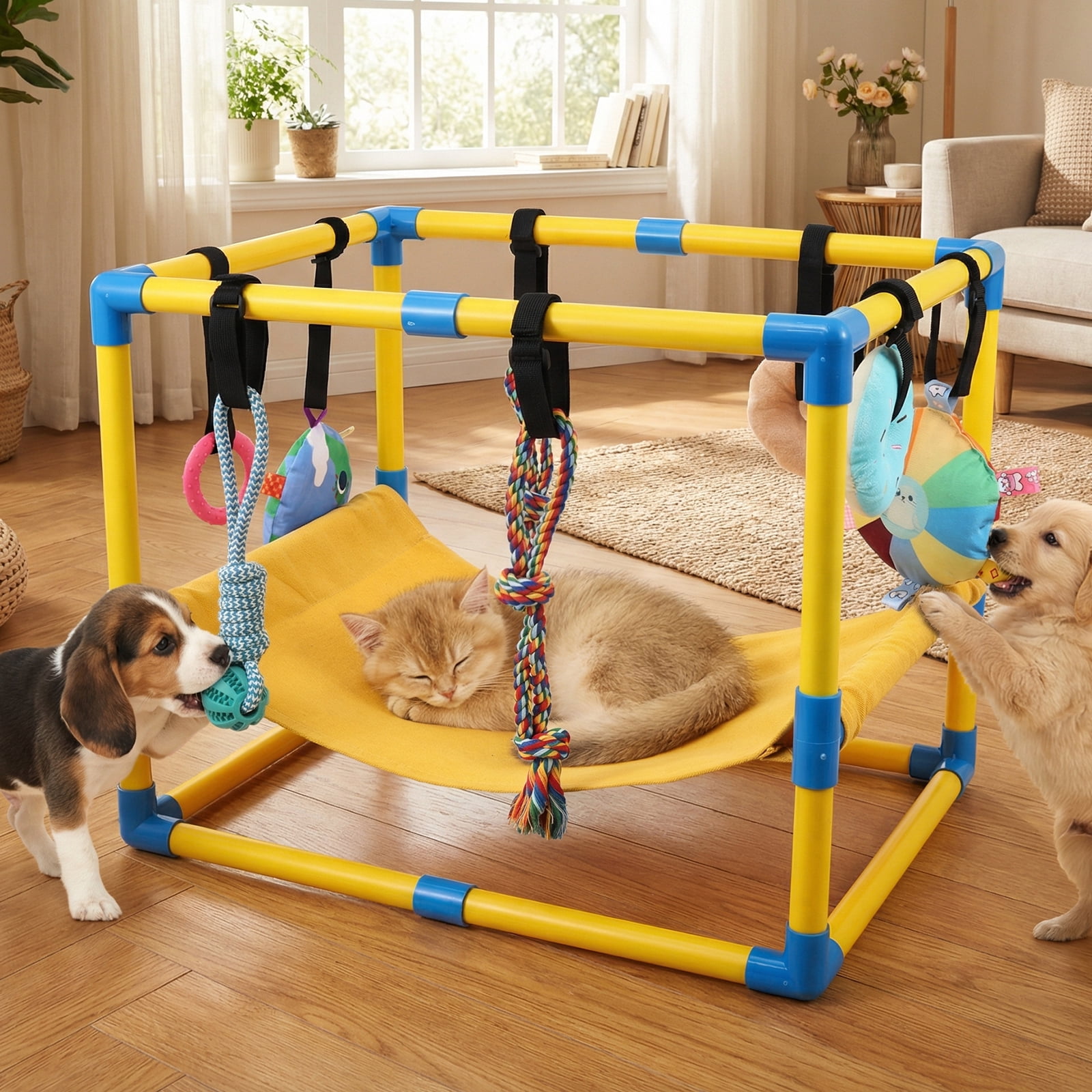 Austok Puppy Play Gym with 8 Toys Jungle Playground Gym for Small Dogs PVC Frame Dog Playground with Hammock for Playing Entertainment