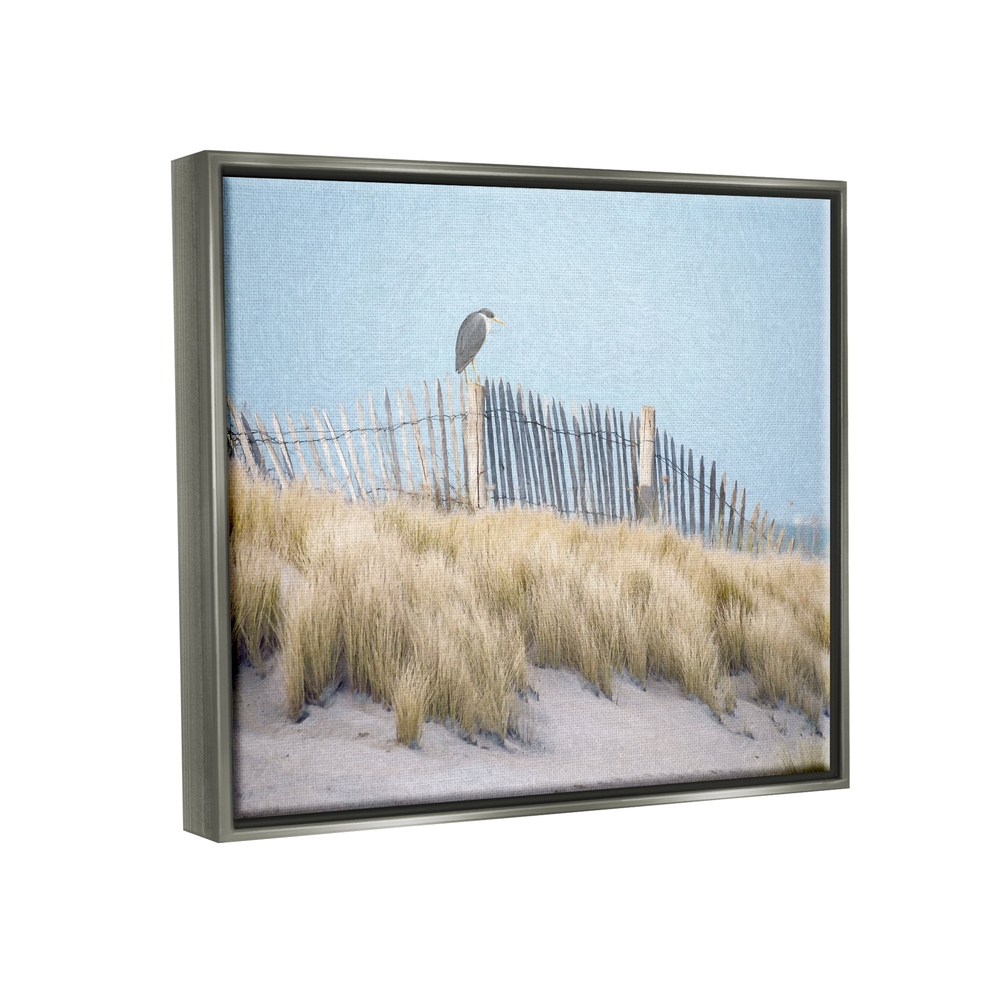 Stupell Bird Perched Nautical Beach Fence Landscape Painting Gray Floater Framed Art Print Wall Art