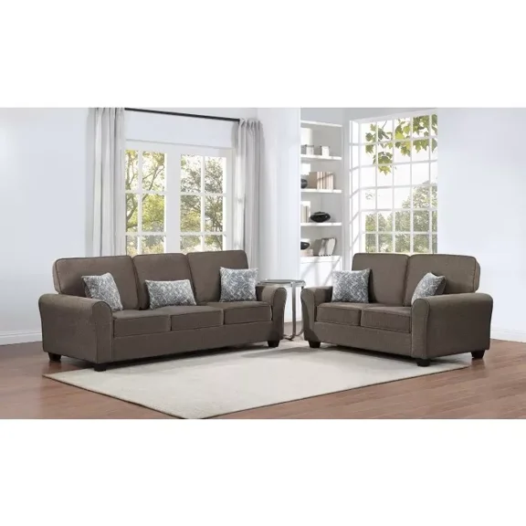 Living Room 2-Piece Sofa Set with Pillows, Fabric Upholstered Sofa and Loveseat, Round Armrest, Brown