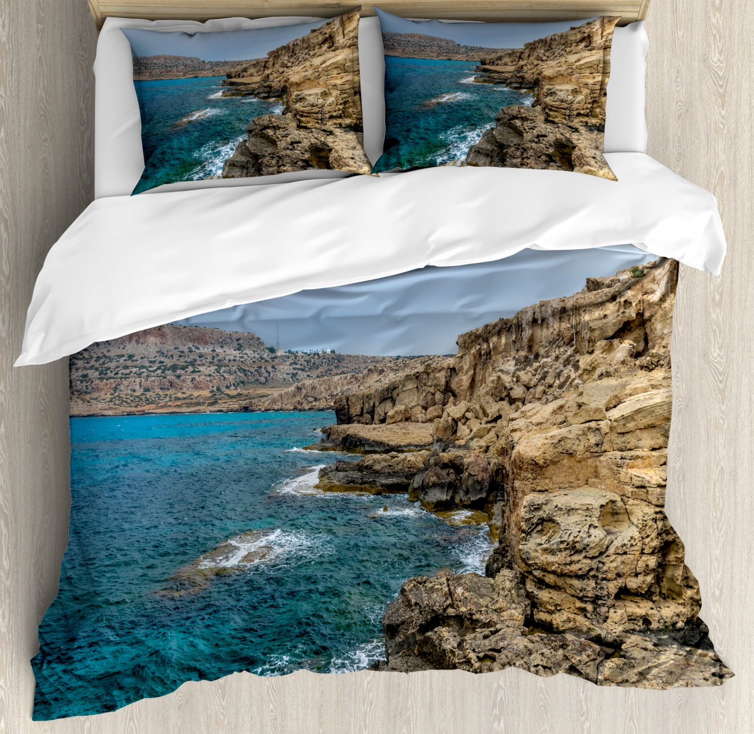 Cyprus Duvet Cover Set King Size, Landscape Image of Rocky Coastal