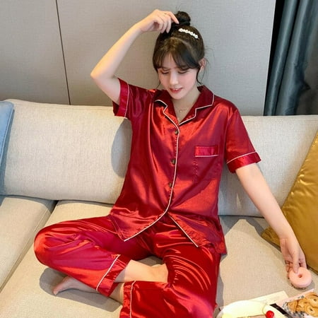 

QWZNDZGR Solid Color Sleepwear Silk Satin Pajamas Couple Set Short Button-Down Pyjamas Home Suit Pijama Women Men Nightwear Plus Size Pjs