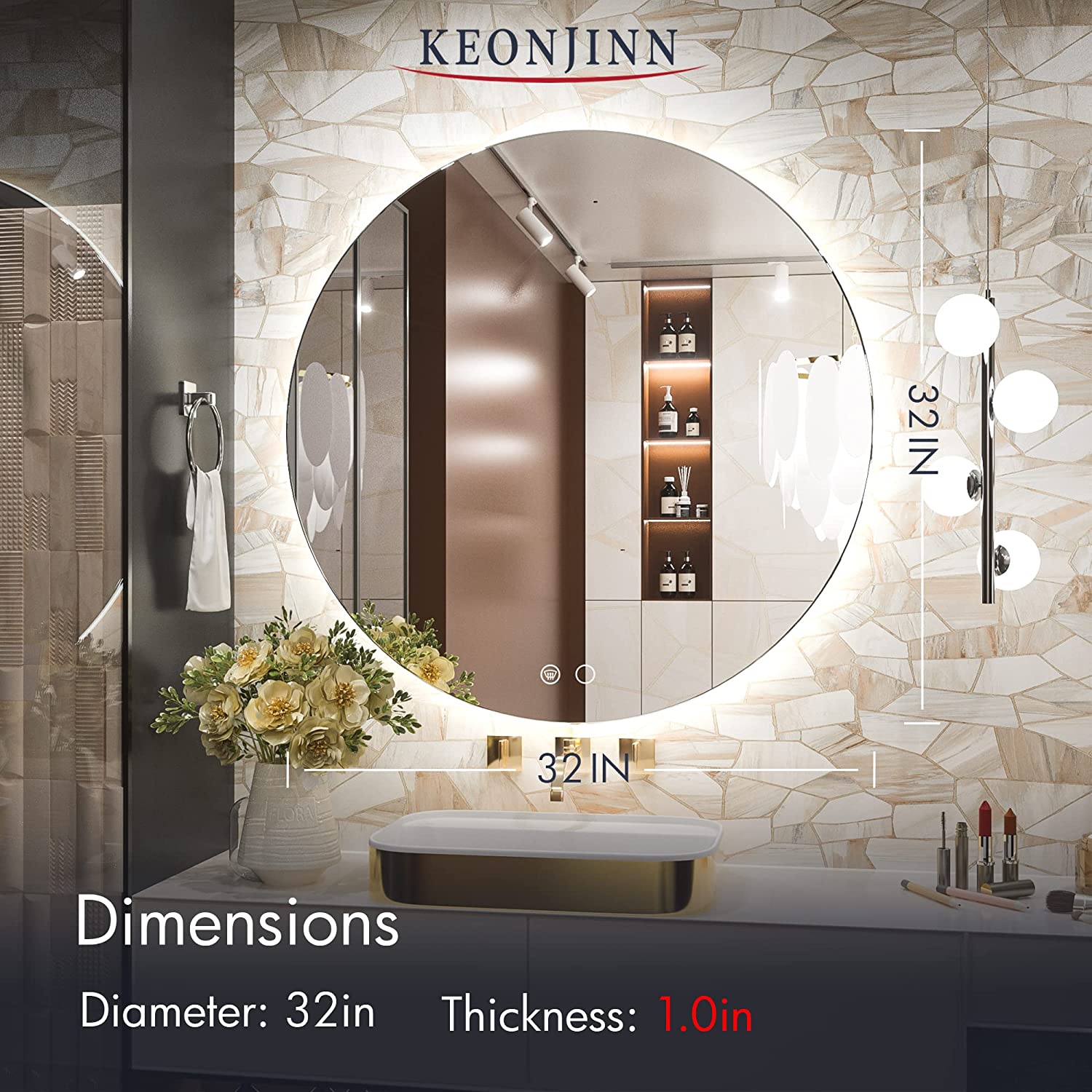 Keonjinn LED Backlit Mirror 32 inch Round Bathroom Mirror with Lights Large  Circle Lighted Mirror Anti-Fog Wall Mounted Round Vanity Mirror Dimmable  Illuminated Makeup Mirror, CRI 90+