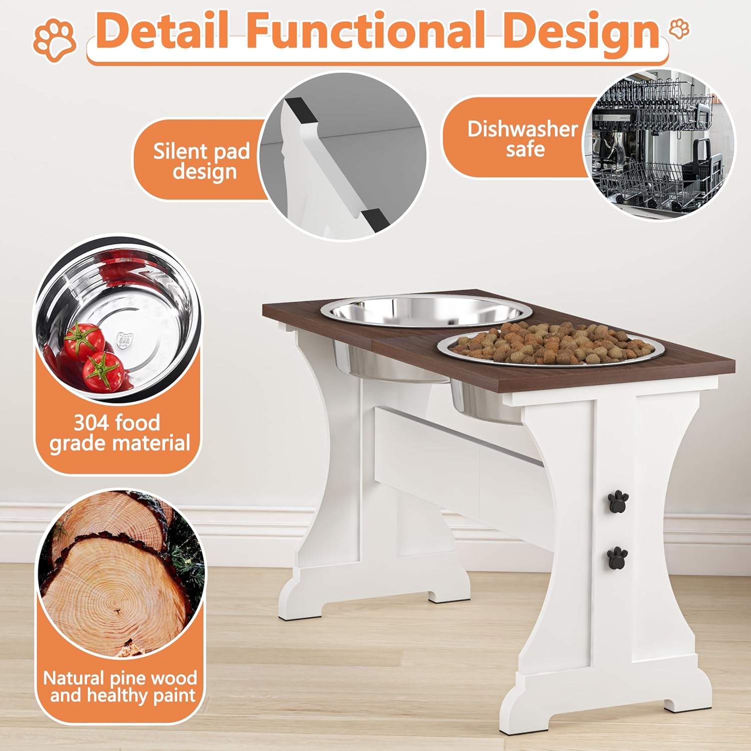 Elevated Dog Bowls,Farmhouse Dog Bowls Stand, Raised Dog Bowl with 2 Stainless Steel Wooden Dog Bowl 12 Cups 15.7''H 90 OZ Bowl-Farmhouse Style