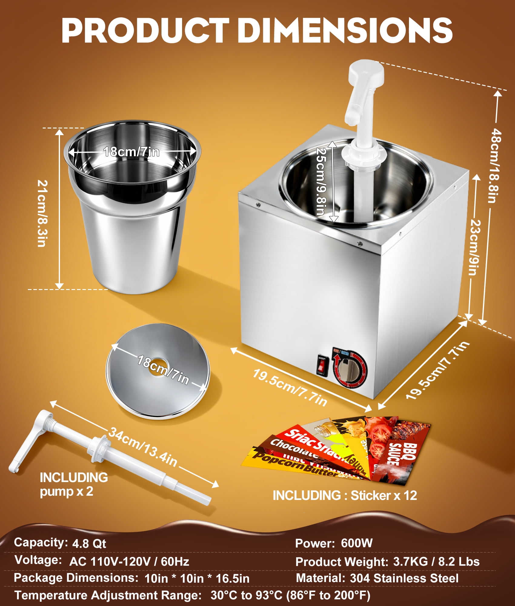 Chantmo Cheese Dispenser 4.8 Qt Stainless Steel Warmer 360 Rotating 2 Pumps 6 Level Temperature for Ketchup Butter Caramel