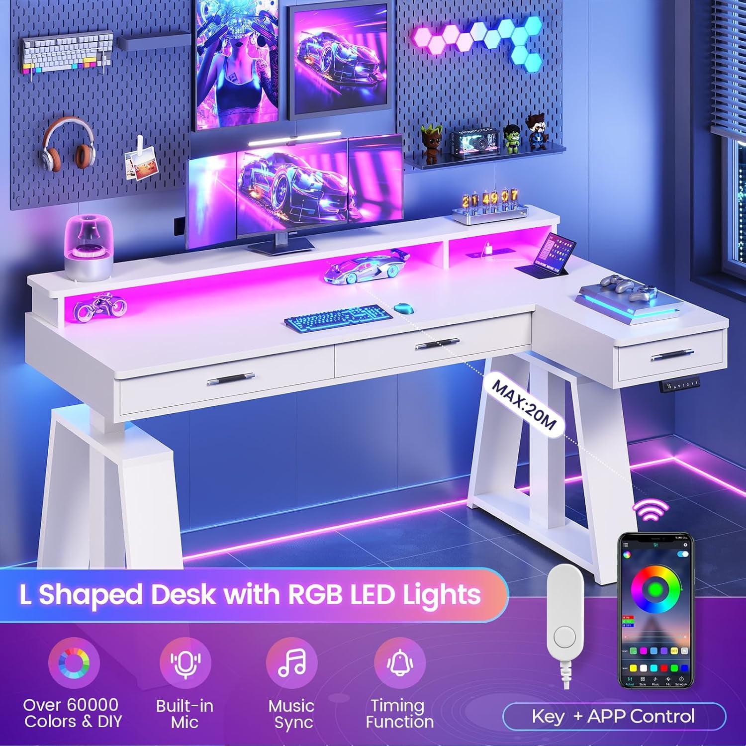 Modern Standing Desk with Drawers, Height Adjustable Computer Desk with Power Outlets, LED Lights & Monitor Stand, Stand Up Corner Gaming Desk, Home Office Desk with Storage, White