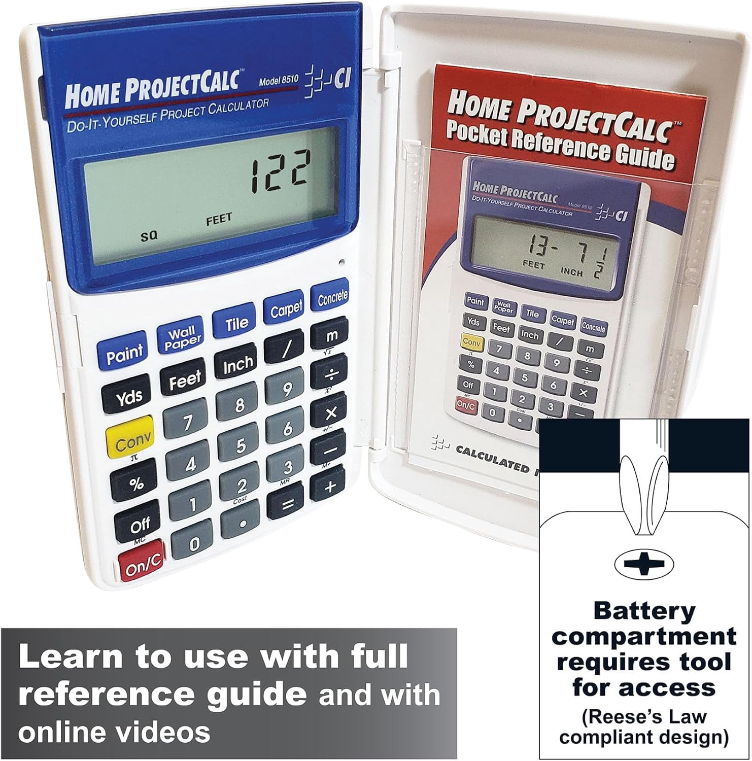 8510 Home ProjectCalc Do-It-Yourselfers Feet-Inch-Fraction Project Calculator | Dedicated Keys for Estimating Material Quantities and Costs Handymen DIYs , White Small