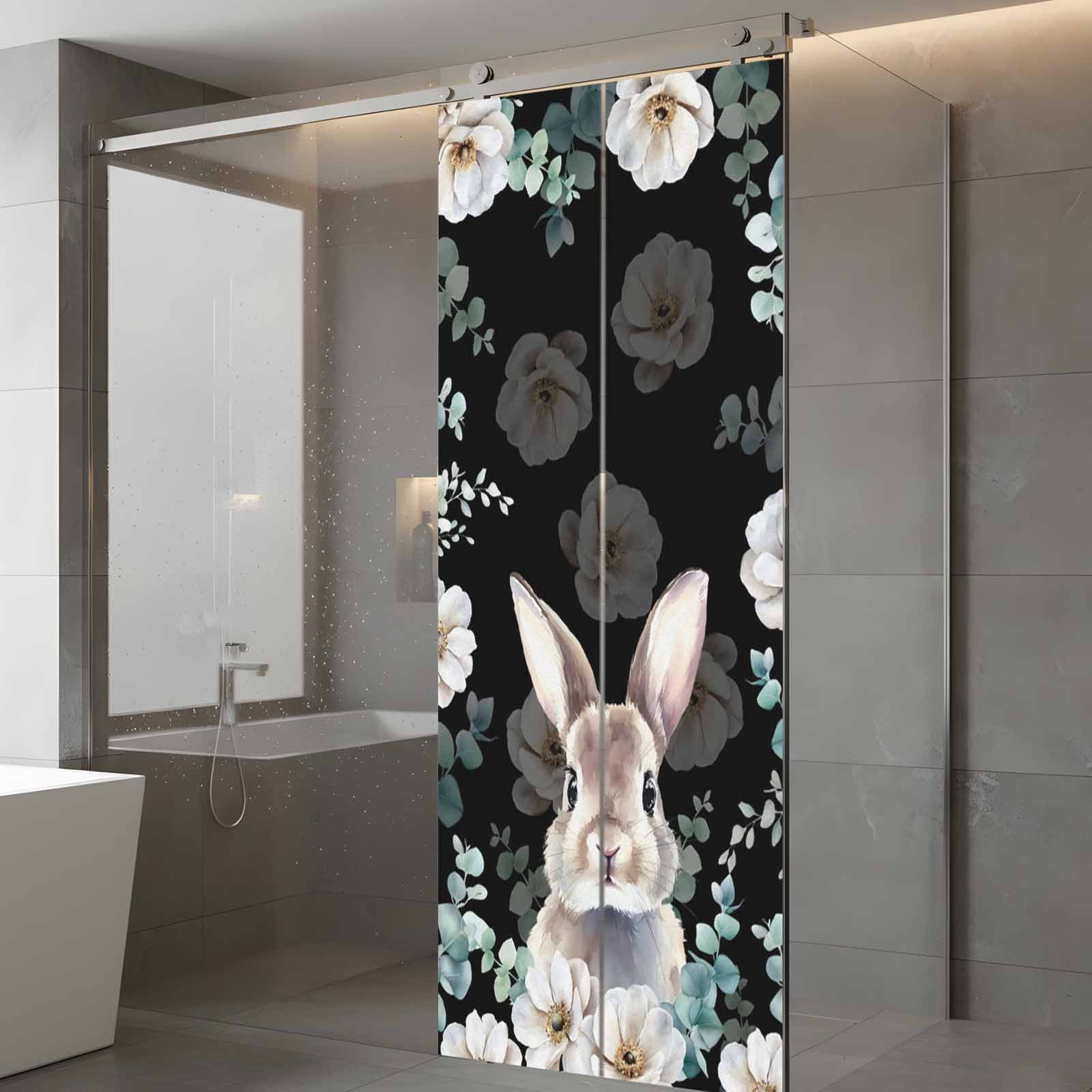 Easter Rabbit Window Privacy Film, Watercolor Bunny White Floral Leaf Black Background Frosted Glass Window Clings Static Cling UV Heat Blocking Reusable Door Sticker for Bathroom 23.6 x 59 Inch