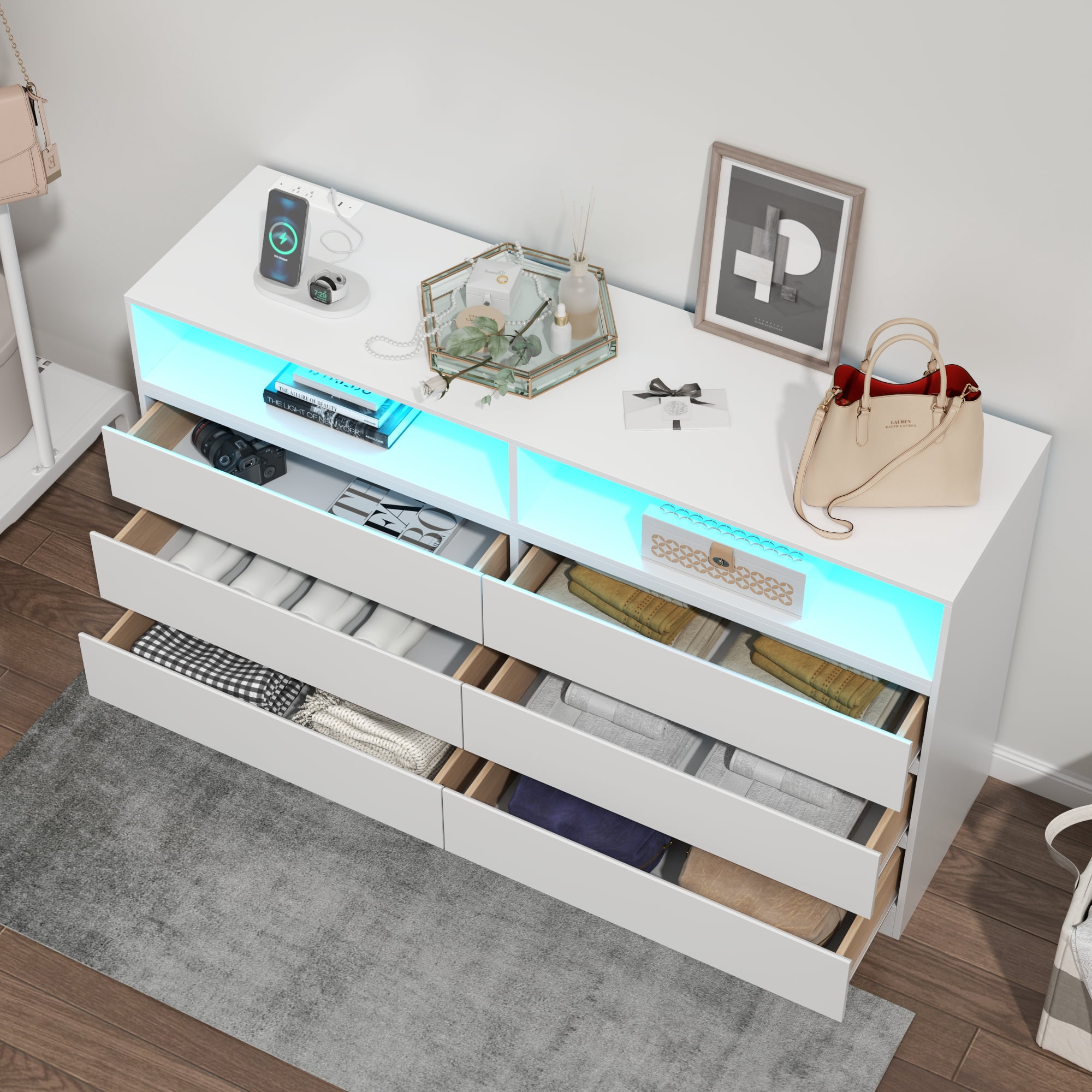 6-Drawer Double Dresser with Power Outlet and LED Light, Accent Chest of Drawers for Bedroom, Living Room – STIKELY