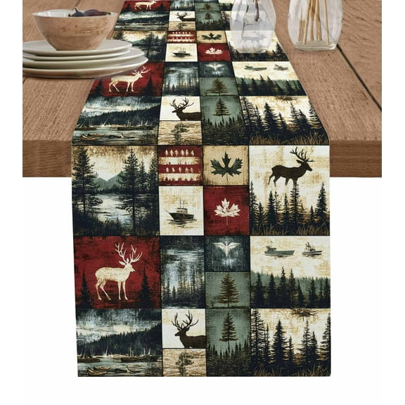 Rustic Forest Burlap Cotton Table Runner 13x70 Inches Long, Reindeer Pine Tree Nautical Boat Retro Farmhouse Table Runners, Outdoor Dining Tablecloths Decor for Baby Shower/Party/Wedding