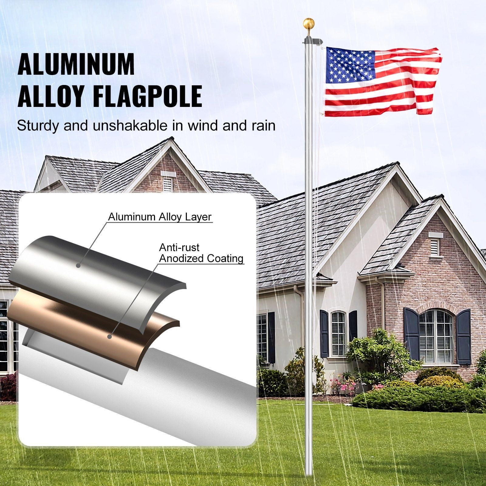 CAFORKP Detachable 25FT Aluminum Flag Pole Kit, Heavy Duty Silver American Flagpole