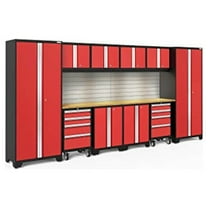 NewAge Products Bold Series Red 12 Piece Cabinet Set, Heavy Duty 24-Gauge Steel Garage Storage System, Slatwall / LED Lights Included
