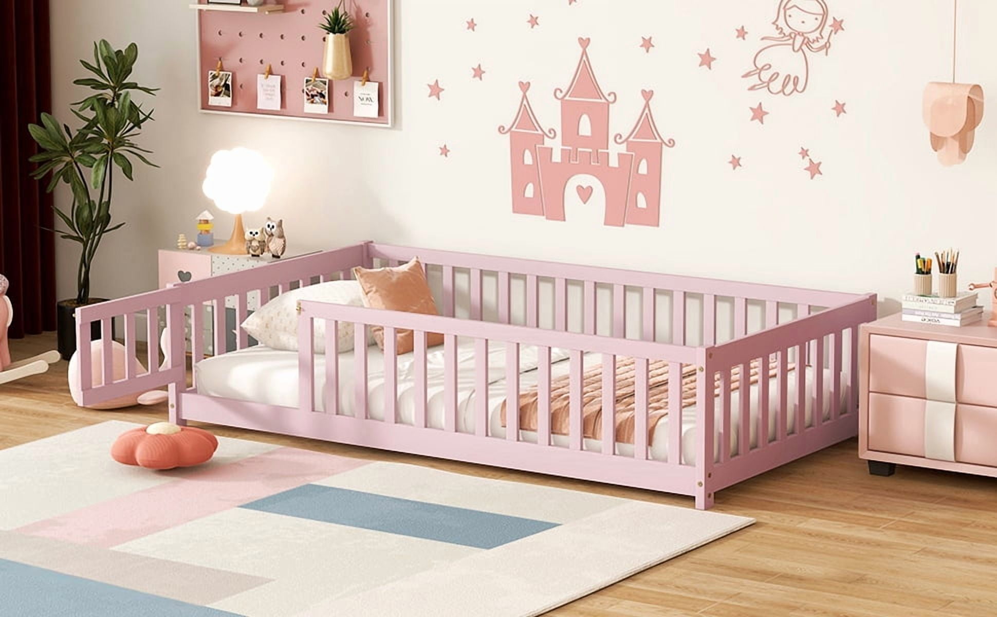 Twin Size Floor Bed with Fence and Door,Rubber Wood Floor Bed with Safety Guardrails,Pink