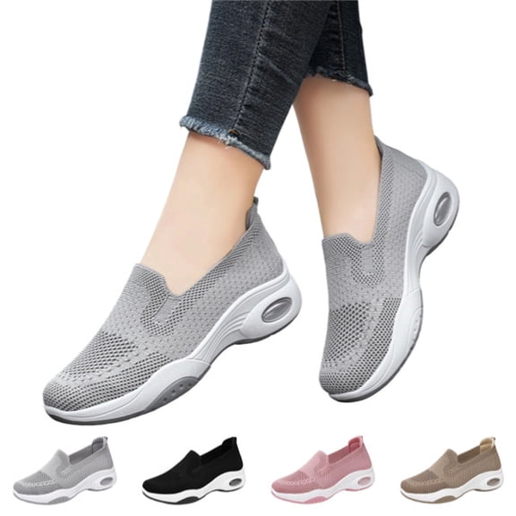 Womens Orthopedic Shoes No Slip Slip-On Loafers 2026 Summer Arch Support Sport Shoes Fashion Knitted Woven Sports Walking Shoes (Gray)