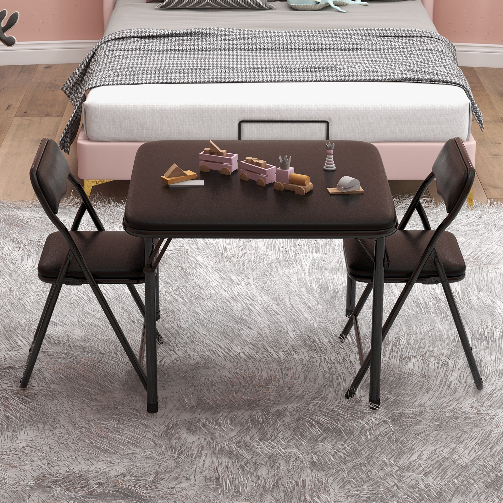 Kids Folding Table and Chairs Set, 3 Piece Table Set with 2 Folding Chairs for Daycare and Classrooms, PU Leather, Steel Frame, Includes Table and 2 Chairs, Perfect for Arts & Crafts
