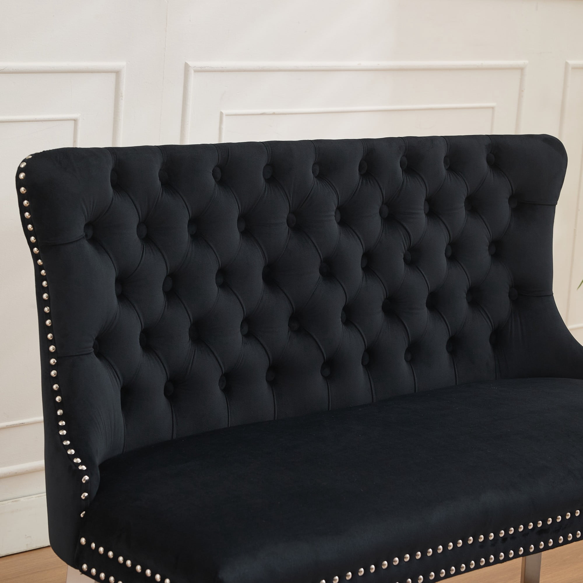 MAYEERTY Velvet Dining Loveseat Bench - 2-Seat, Tufted, Handmade Buttons, Wing Back, Brushed Silver Legs, Mid-Century Modern, Black, Single Pack