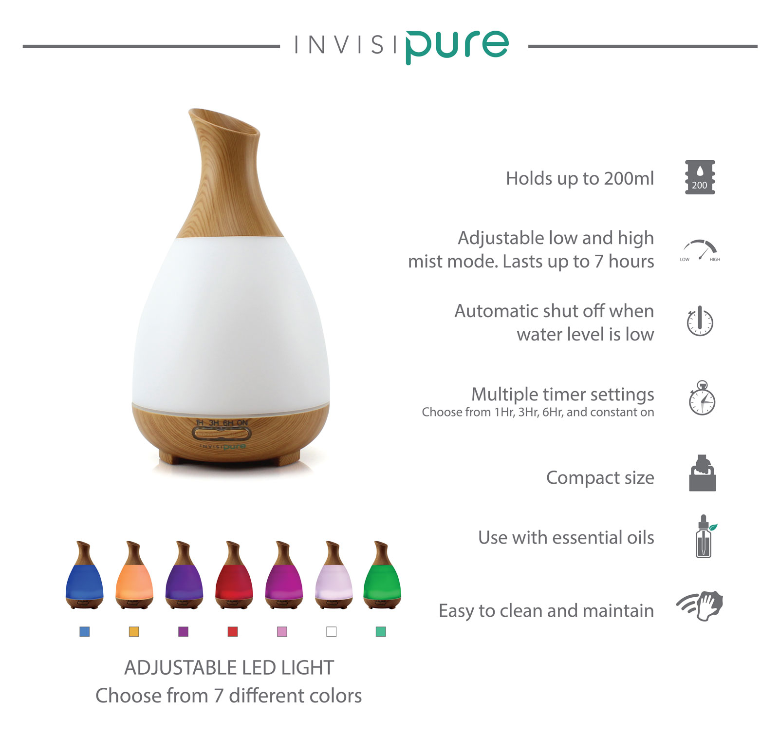InvisiPure Alta Aromatherapy Diffuser - 200ml - Adjustable Mist, 7 Color LED, and Automatic Shutoff - image 2 of 4