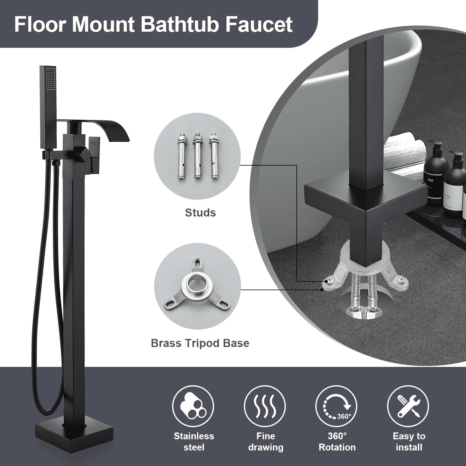 Matte Black Floor Mounted Bathtub Faucet Free Standing Tub Filler W/Hand Sprayer