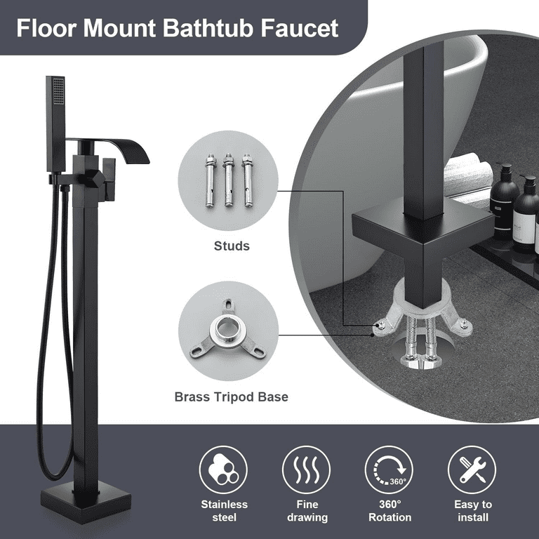 RUMOSE Freestanding Tub Faucet In Matte Black - Waterfall Spout With Handheld Shower Sprayer