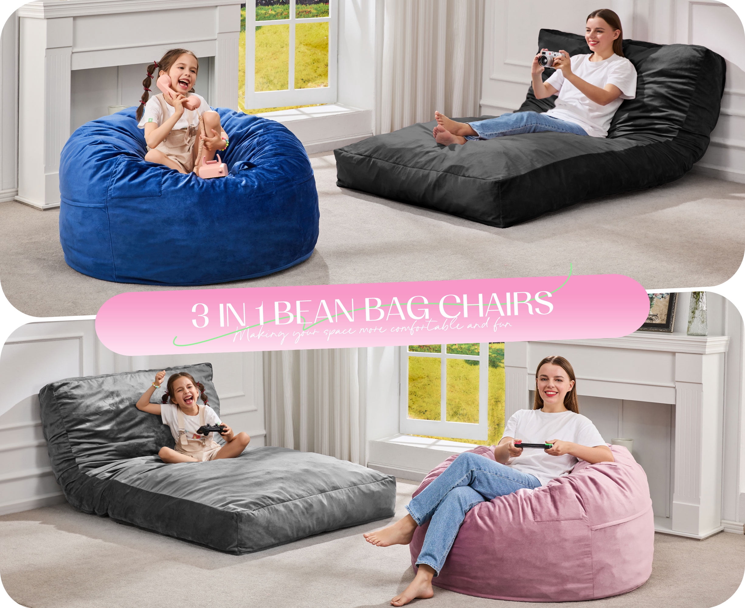 Hobestluk Bean Bag Chair 3 in 1 Beanbag Chairs for Adults, Large Bean Bags with Removable Velvet Cover, Convertible Adult Bean Bag Chair for Living Room, Bedroom, Playroom (Black, Queen)