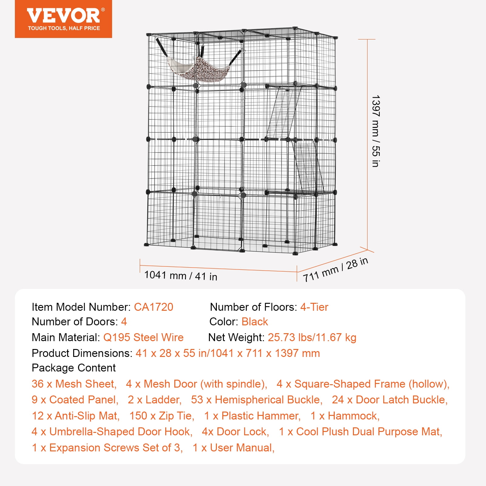 VEVOR Large 4-tier Cat Cage, 41 x 28 x 55", Detachable Metal Wire Cat Enclosure, with 4 Front Doors Hammock Ramp ladders, Indoor & Outdoor Crate Exercise Place Ideal for Kitty, Small Animals, Black