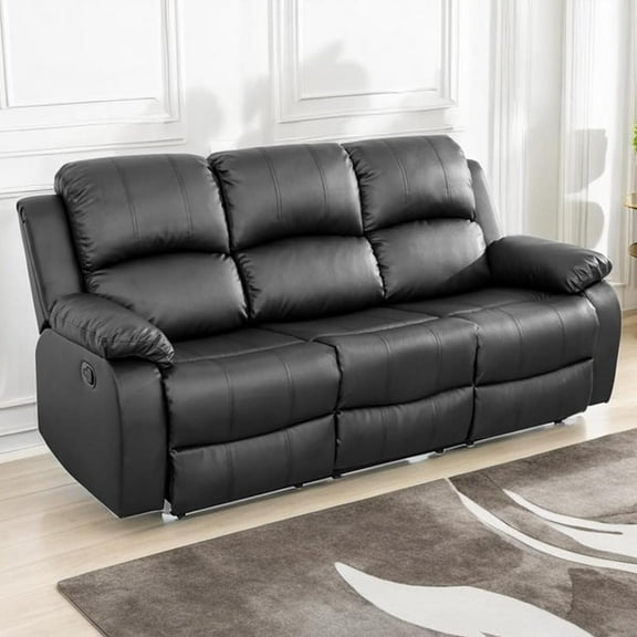 Gewnee Faux Leather Upholstered Manual Reclining Sofa with 3 Recliners and Cup Holders,Black