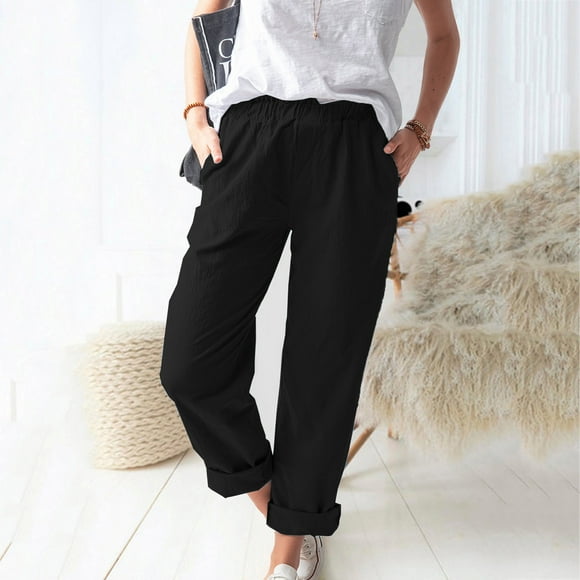 Mikilon Women Casual Solid Color Pockets Elastic Waist Comfortable Straight Pants