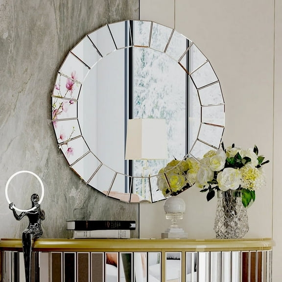 LUVODI Wall Mounted Bathroom Mirror Silver Accent Art Mirror for Living Room Decor 32in Round