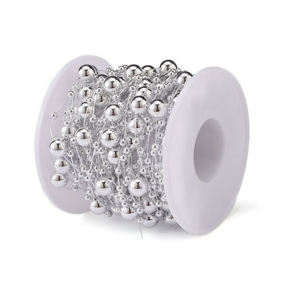 2 roll Christmas Tree Round Beaded Garland Plastic Imitation Pearl Beaded Trim for Decorating Wedding Party Supplies with Spool Silver 3mm and 8mm 10m/roll.